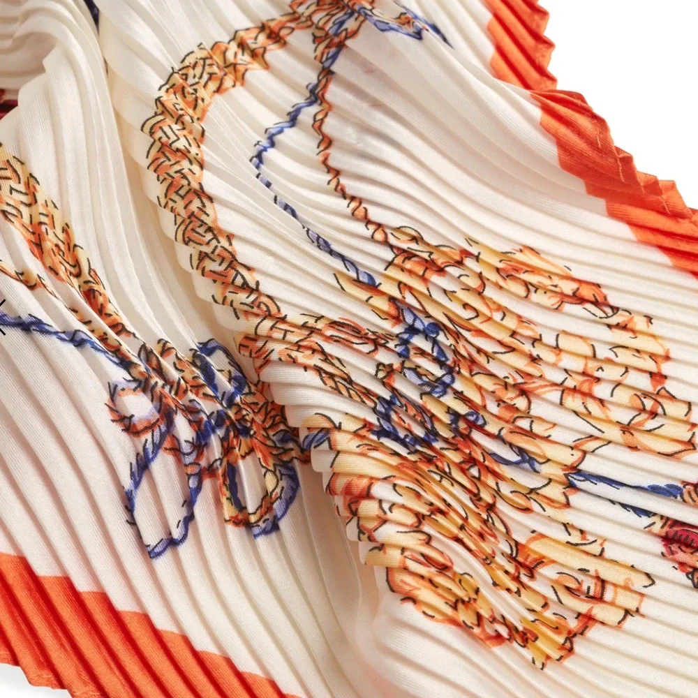 Bindya Pleated Chain Print Scarf NWT Ivory Orange Neck Hair Bag Scarf